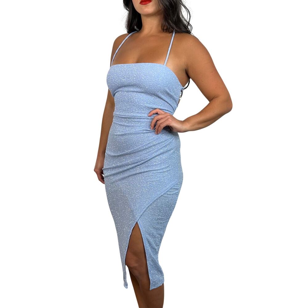 Windsor Light Blue Glitter Midi Slit Dress